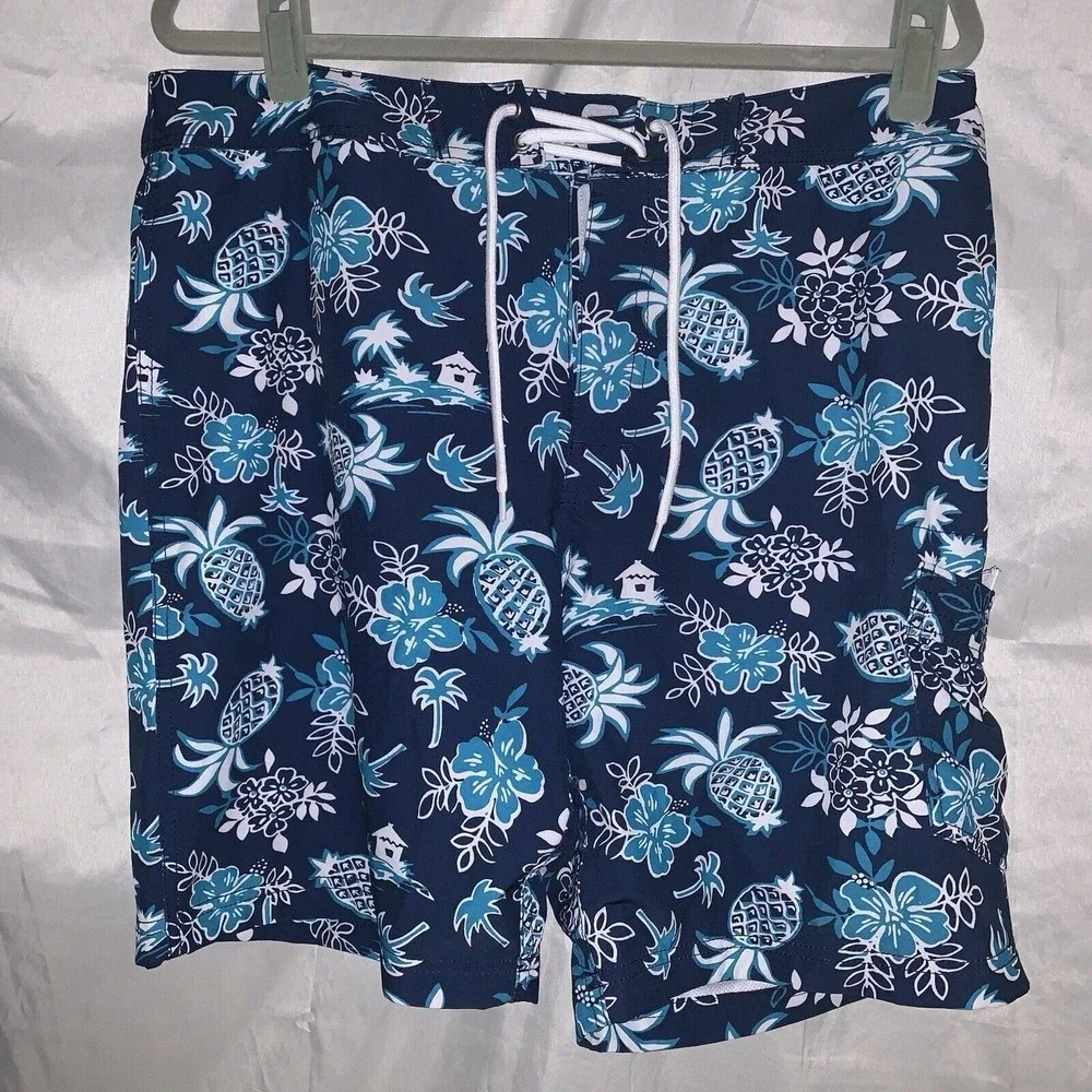 J Crew Swim‎ Trunks Mens Size 34 Blue Pineapple Palms Hawaiian Lined Flex Beach